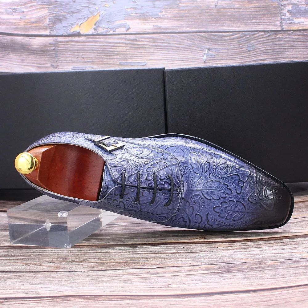 Blue Floral Design Buckle Lace-Up Oxford Shoes