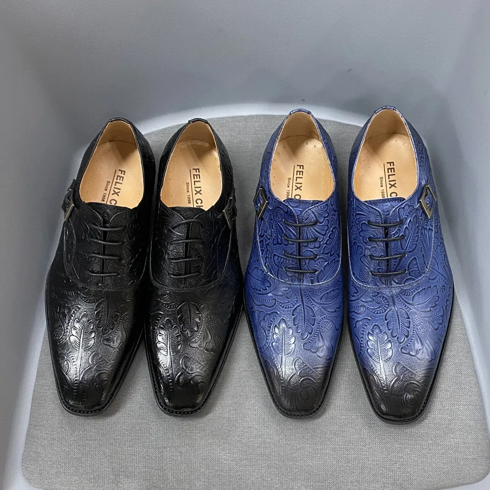 Blue Floral Design Buckle Lace-Up Oxford Shoes