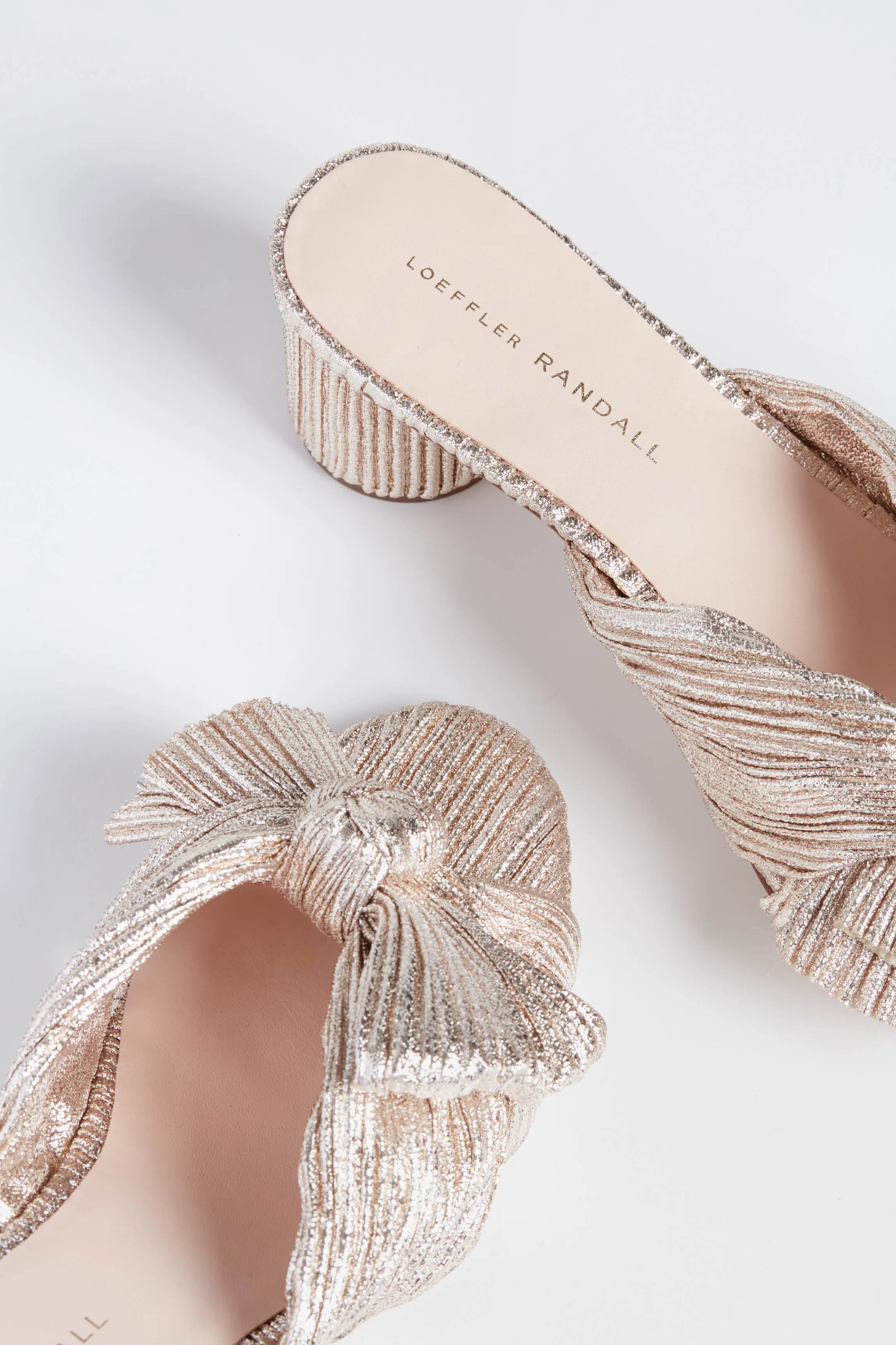 Champagne Shimmer Lame Emilia Pleated Knot Mules