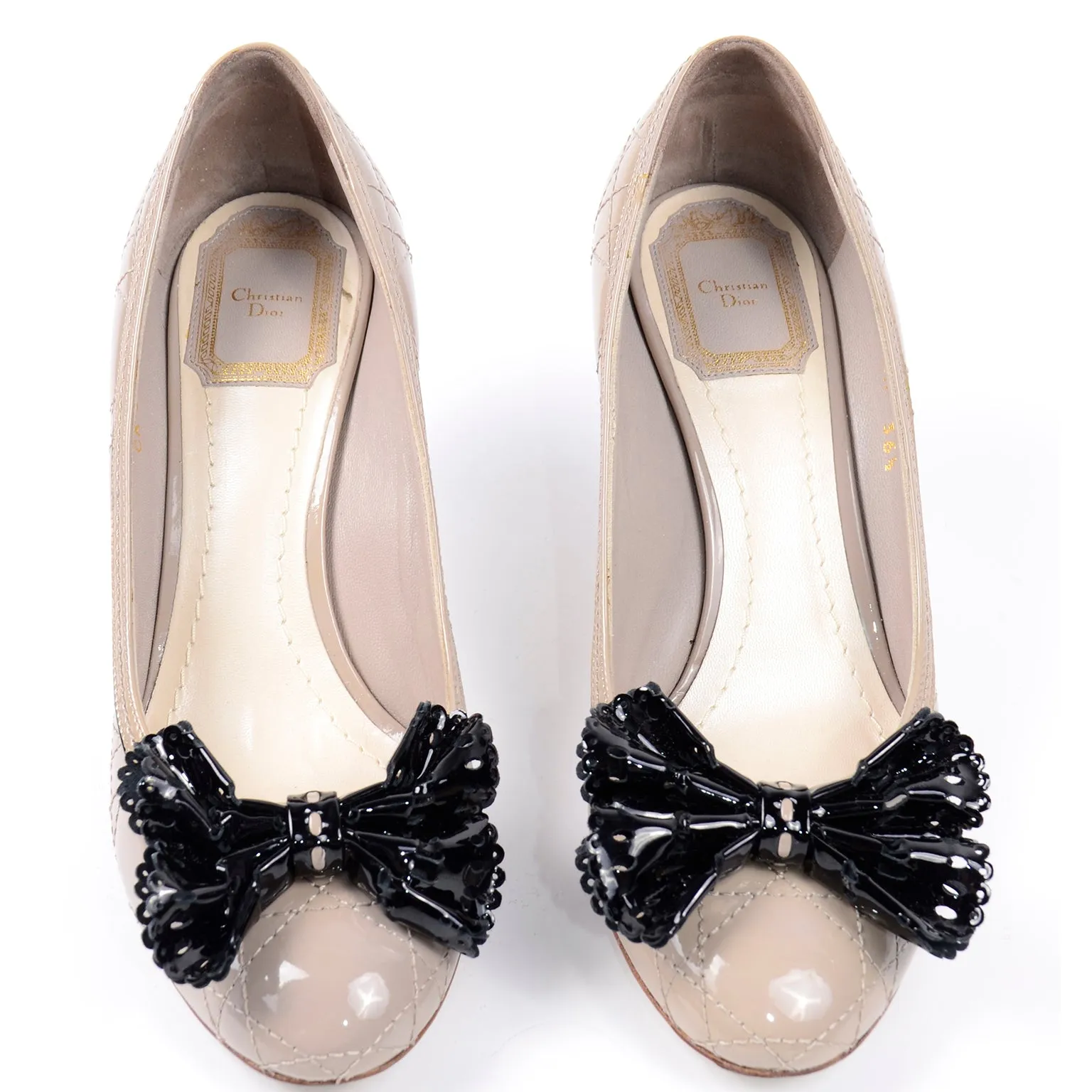 Christian Dior Patent Leather Round Toe Pumps w Black Pierced Bows