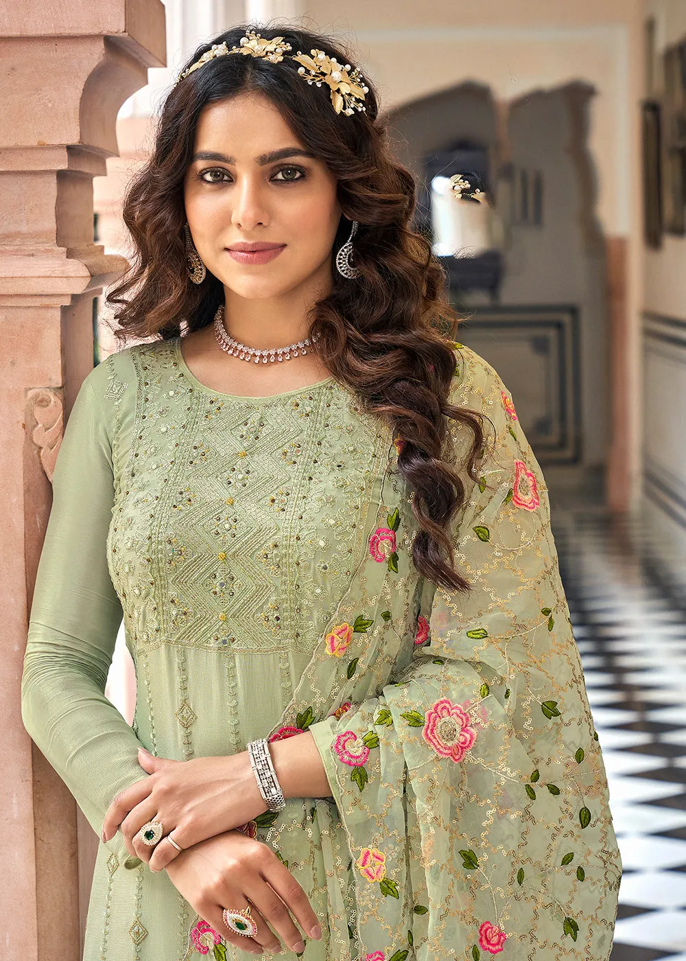 Designer Embroidered Light Green Trendy Salwar Suit