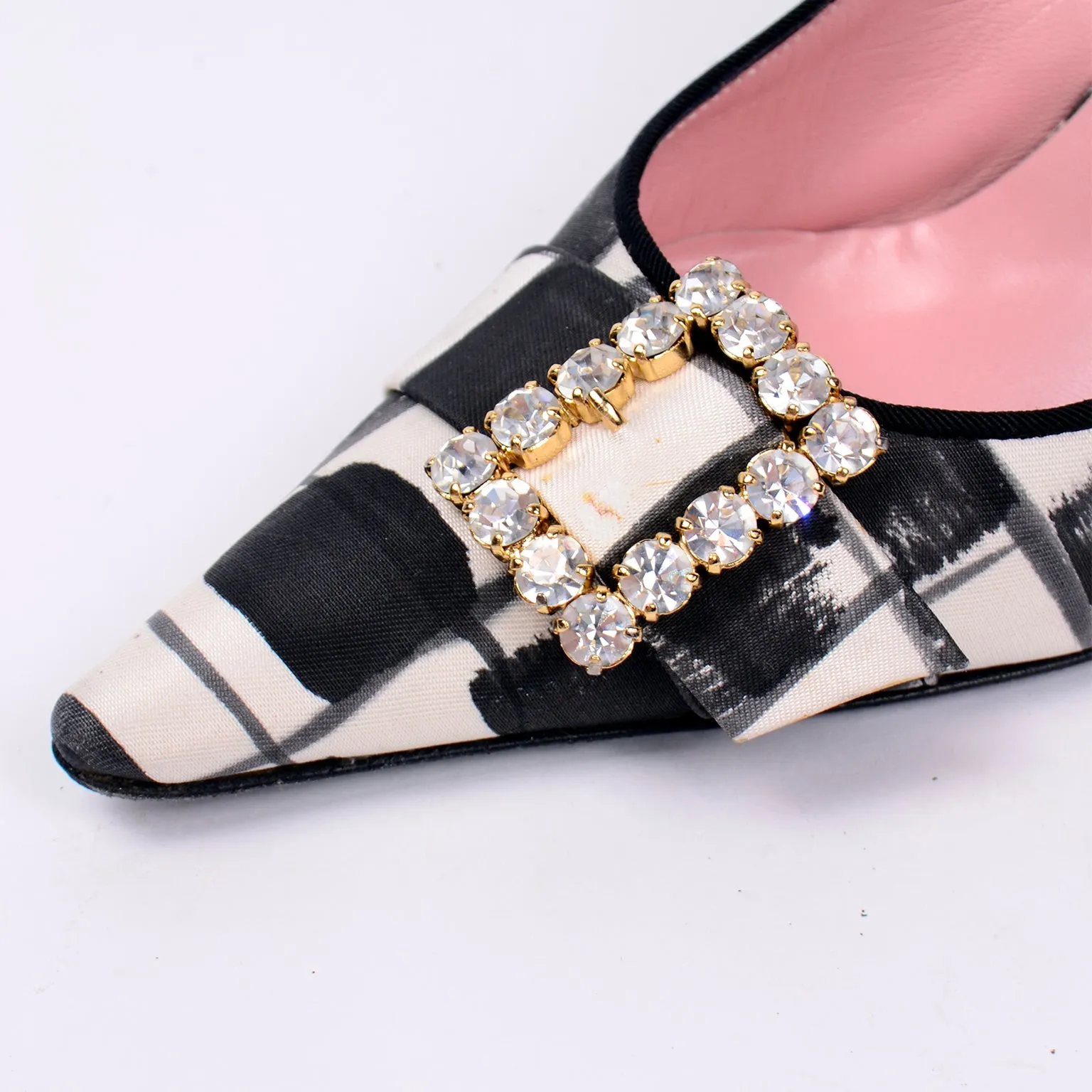 Dolce & Gabbana Black & White Abstract Check Slingback Shoes w Rhinestones