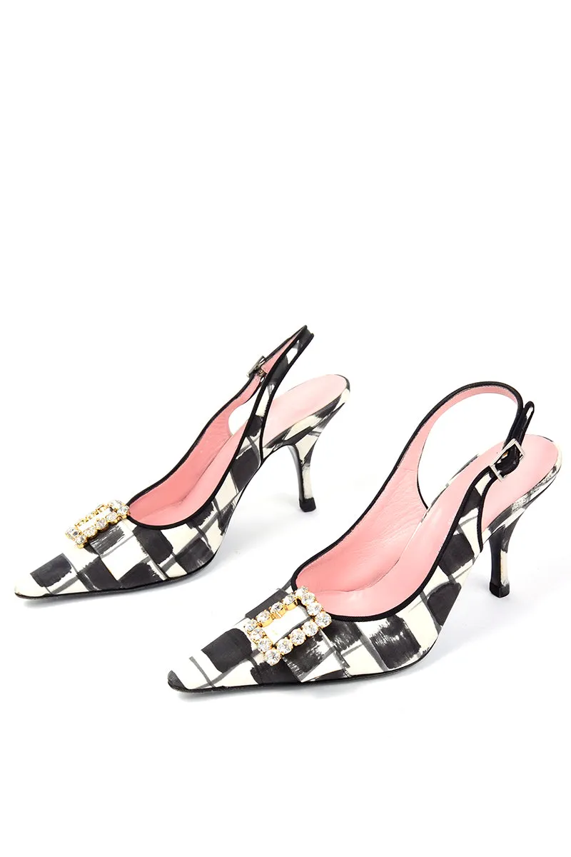 Dolce & Gabbana Black & White Abstract Check Slingback Shoes w Rhinestones
