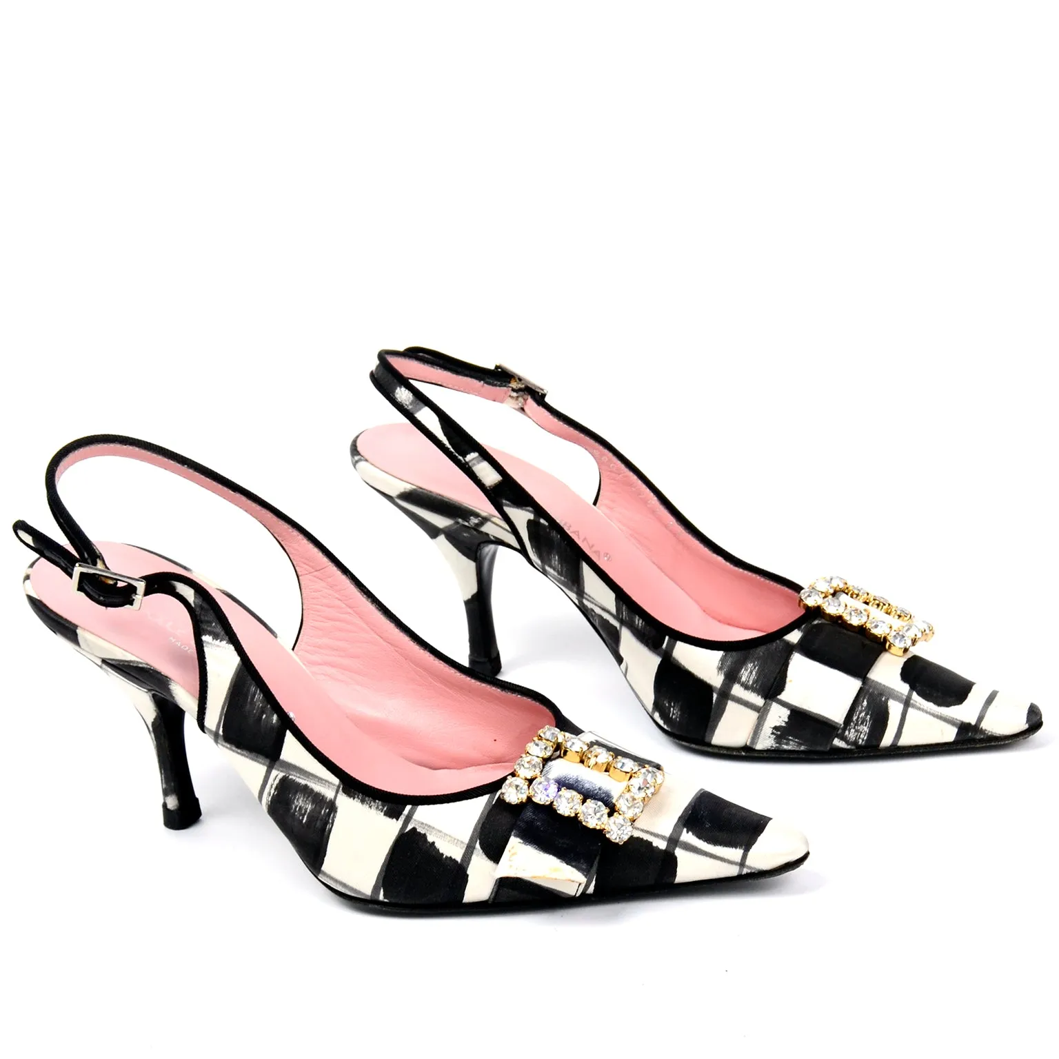 Dolce & Gabbana Black & White Abstract Check Slingback Shoes w Rhinestones