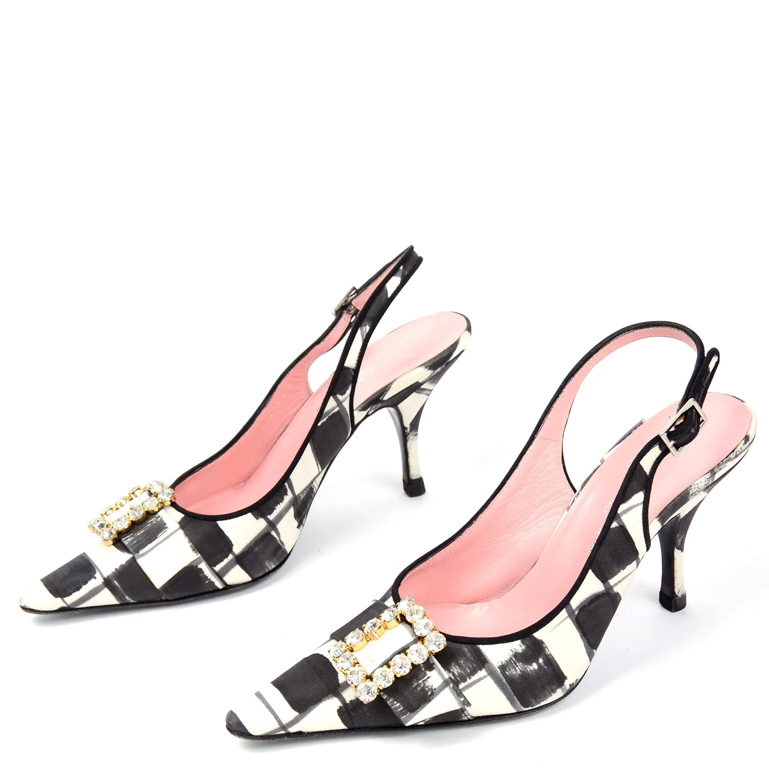 Dolce & Gabbana Black & White Abstract Check Slingback Shoes w Rhinestones