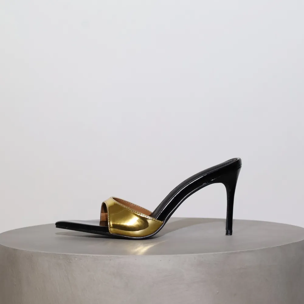 Gia Gold & Black Patent Leather Vegan Mules 80 mm