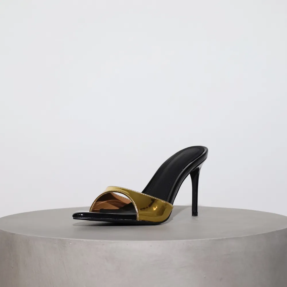 Gia Gold & Black Patent Leather Vegan Mules 80 mm
