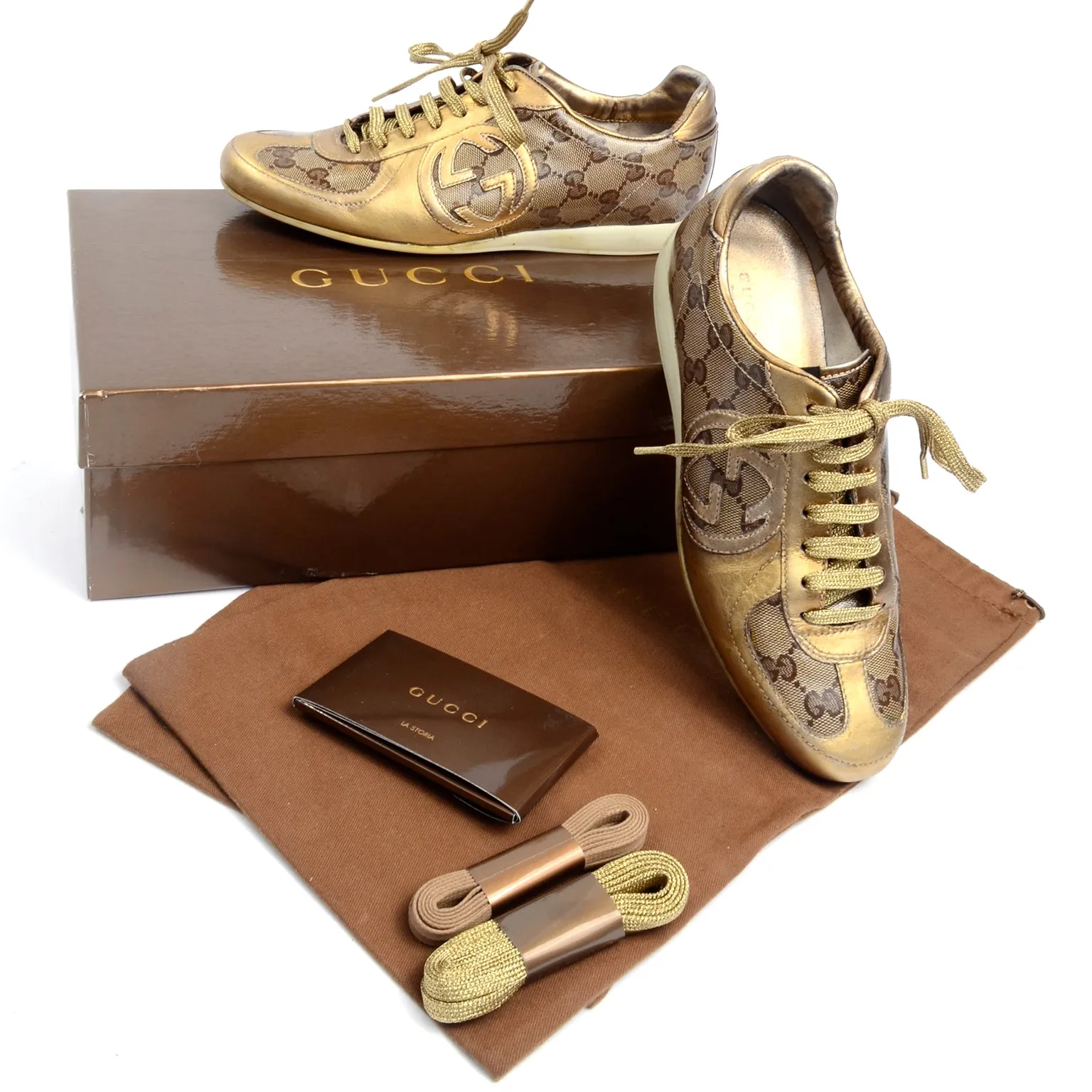Gucci Gold Leather & Logo Canvas Trainers Sneakers W Original Box & Bag