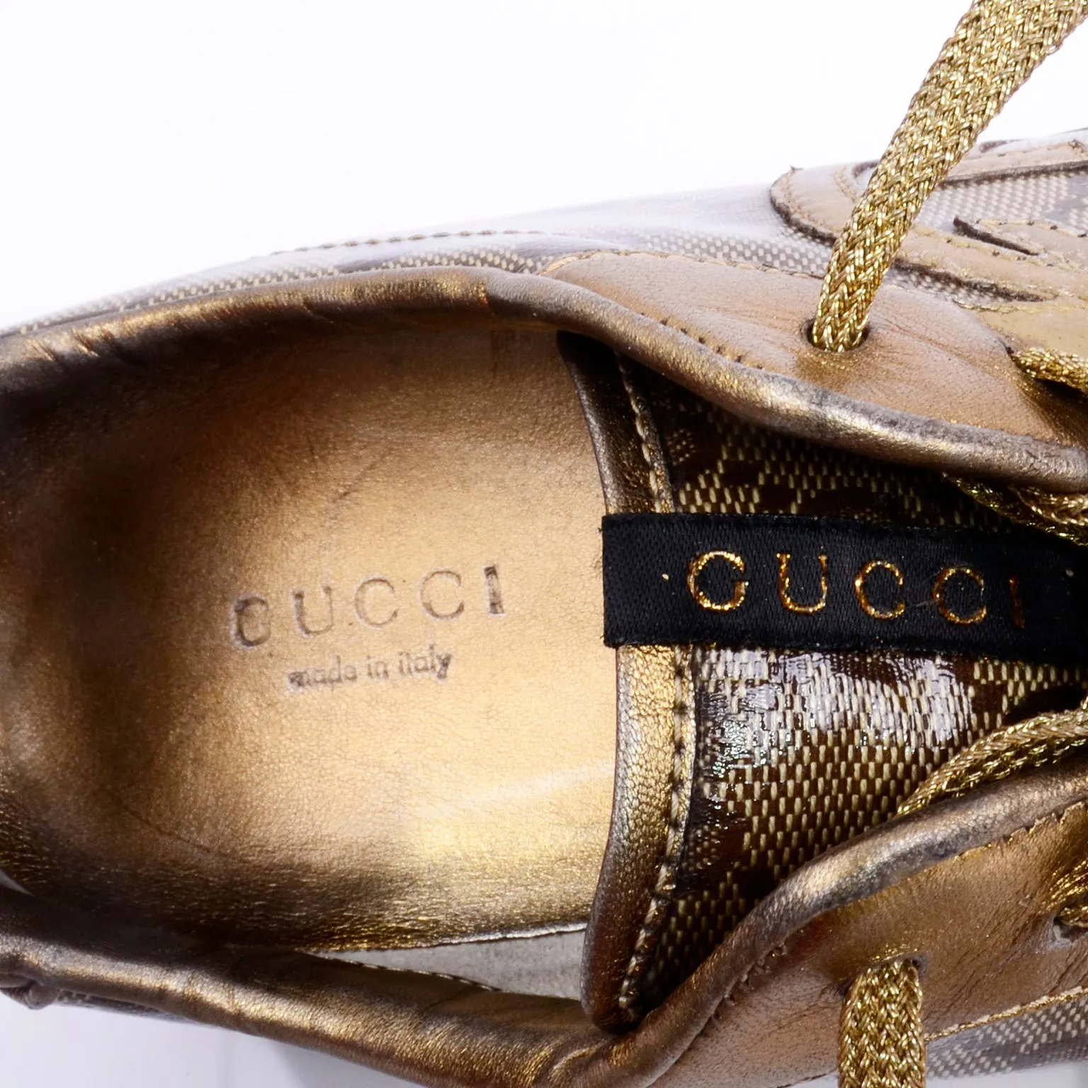 Gucci Gold Leather & Logo Canvas Trainers Sneakers W Original Box & Bag