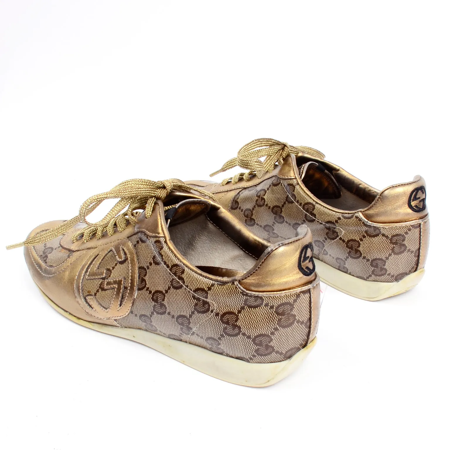 Gucci Gold Leather & Logo Canvas Trainers Sneakers W Original Box & Bag