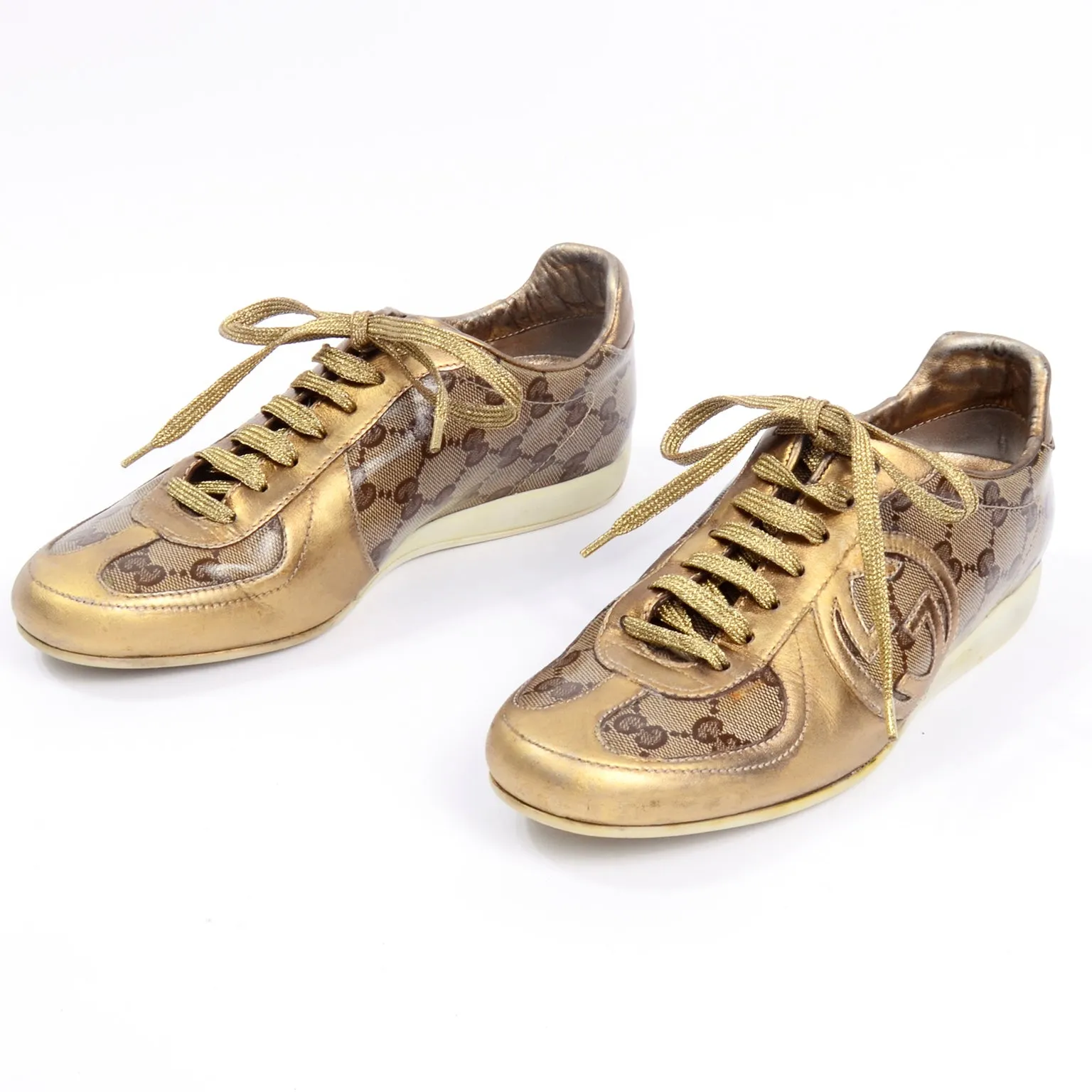 Gucci Gold Leather & Logo Canvas Trainers Sneakers W Original Box & Bag