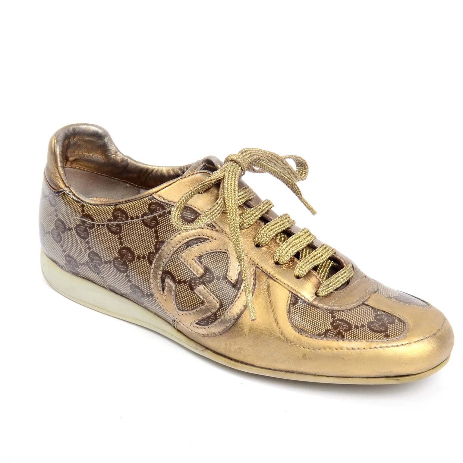 Gucci Gold Leather & Logo Canvas Trainers Sneakers W Original Box & Bag