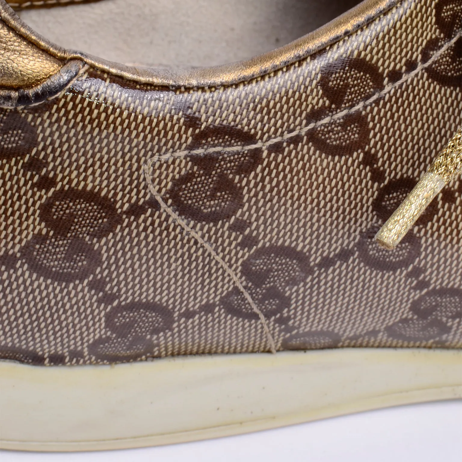 Gucci Gold Leather & Logo Canvas Trainers Sneakers W Original Box & Bag