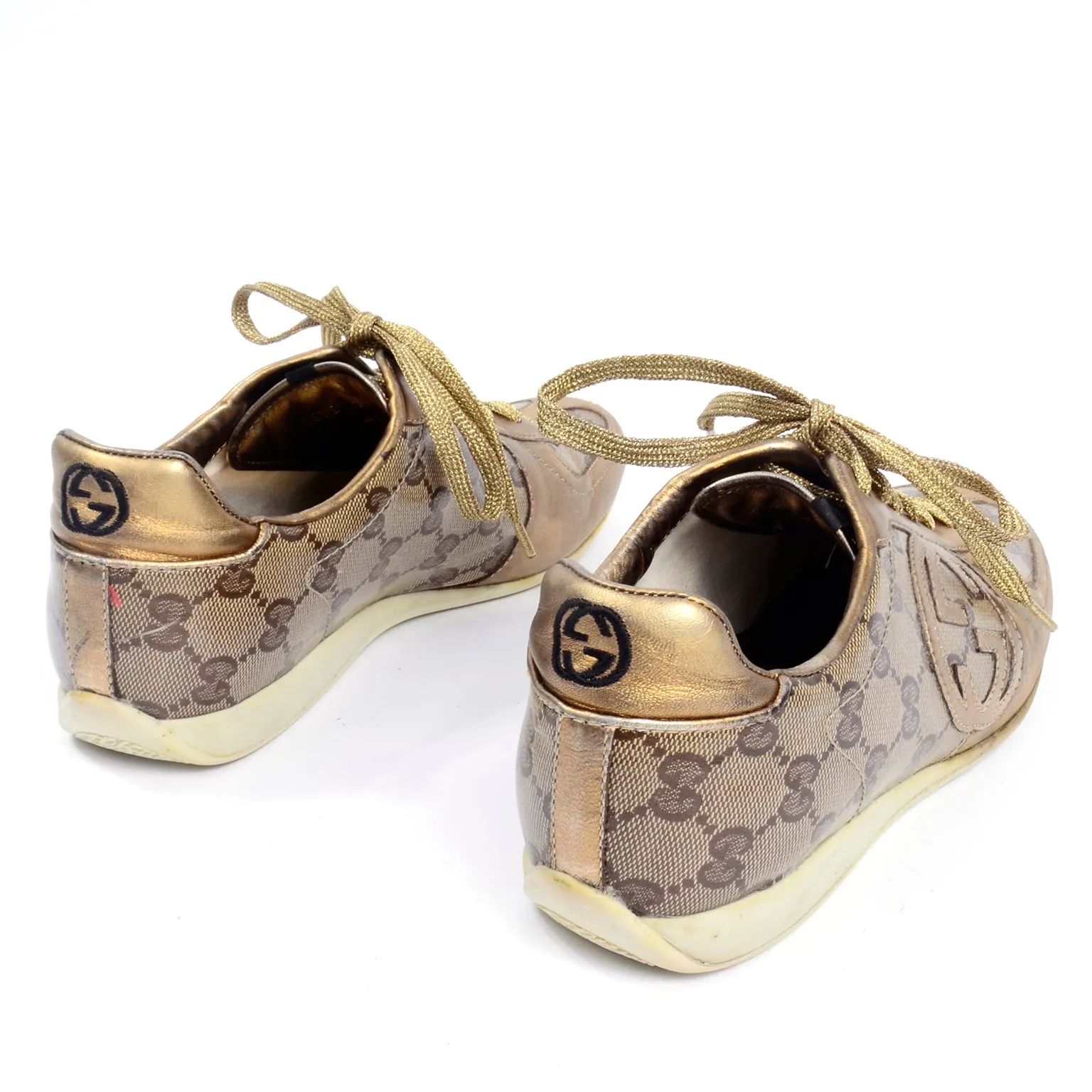 Gucci Gold Leather & Logo Canvas Trainers Sneakers W Original Box & Bag