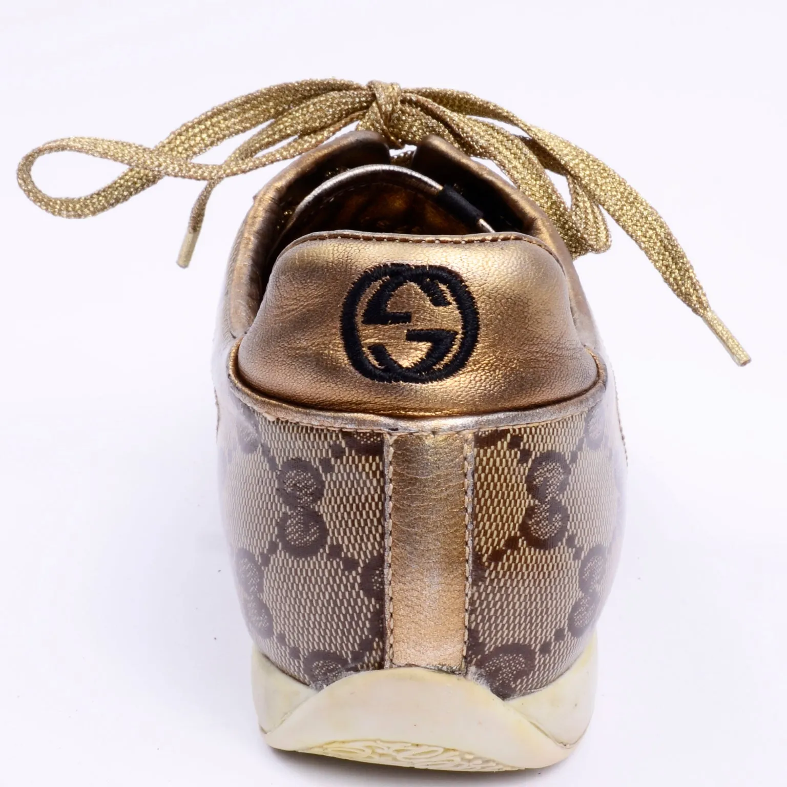 Gucci Gold Leather & Logo Canvas Trainers Sneakers W Original Box & Bag