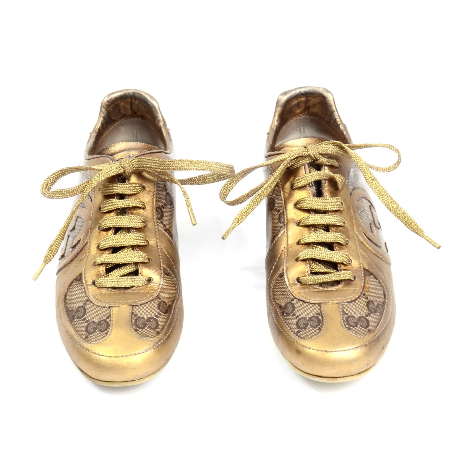 Gucci Gold Leather & Logo Canvas Trainers Sneakers W Original Box & Bag