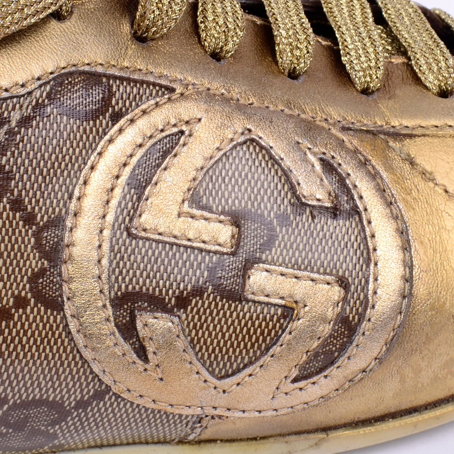 Gucci Gold Leather & Logo Canvas Trainers Sneakers W Original Box & Bag