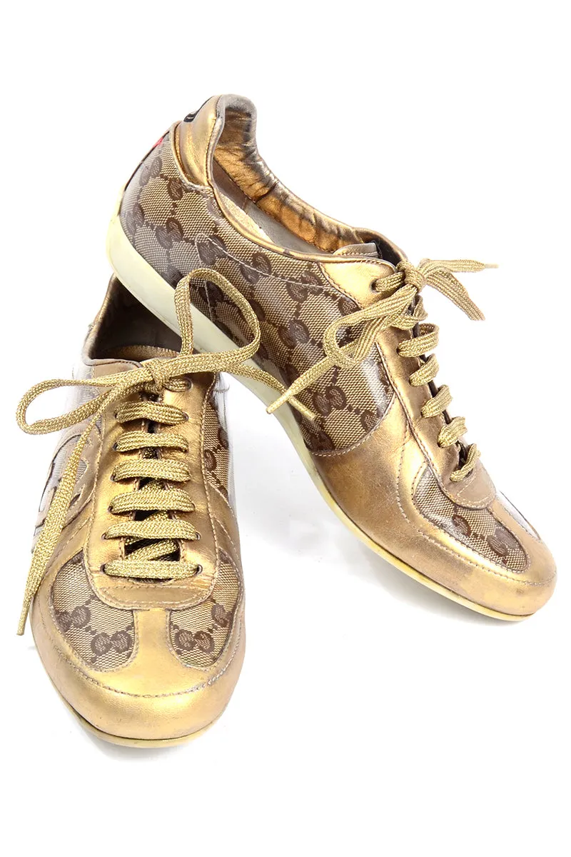 Gucci Gold Leather & Logo Canvas Trainers Sneakers W Original Box & Bag