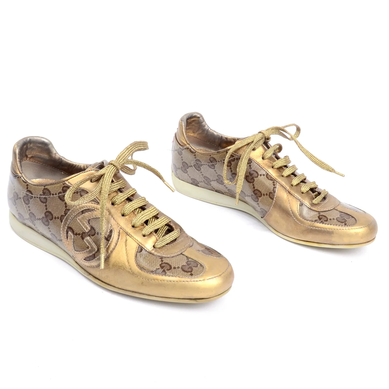 Gucci Gold Leather & Logo Canvas Trainers Sneakers W Original Box & Bag