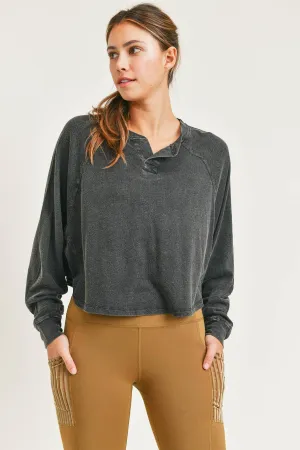 Mineral-Washed Band Collar Raglan Top