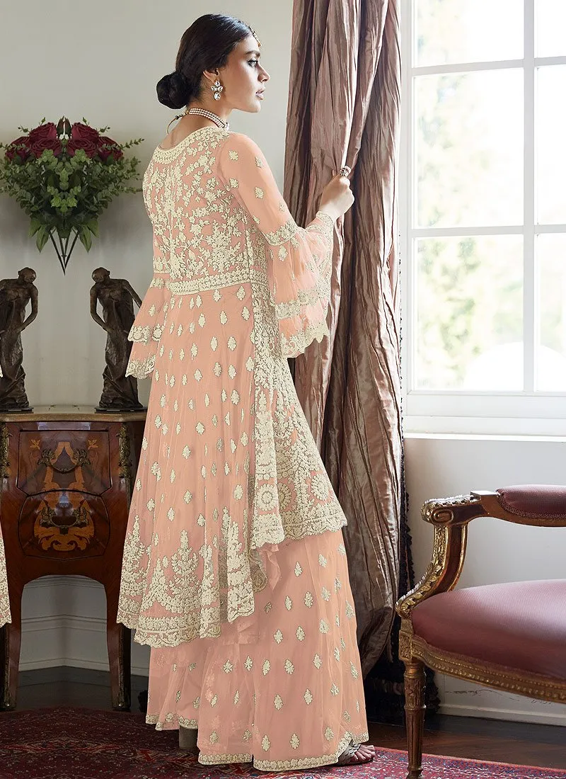 Pretty Peach Trendy Bell Sleeved Embroidered Sharara