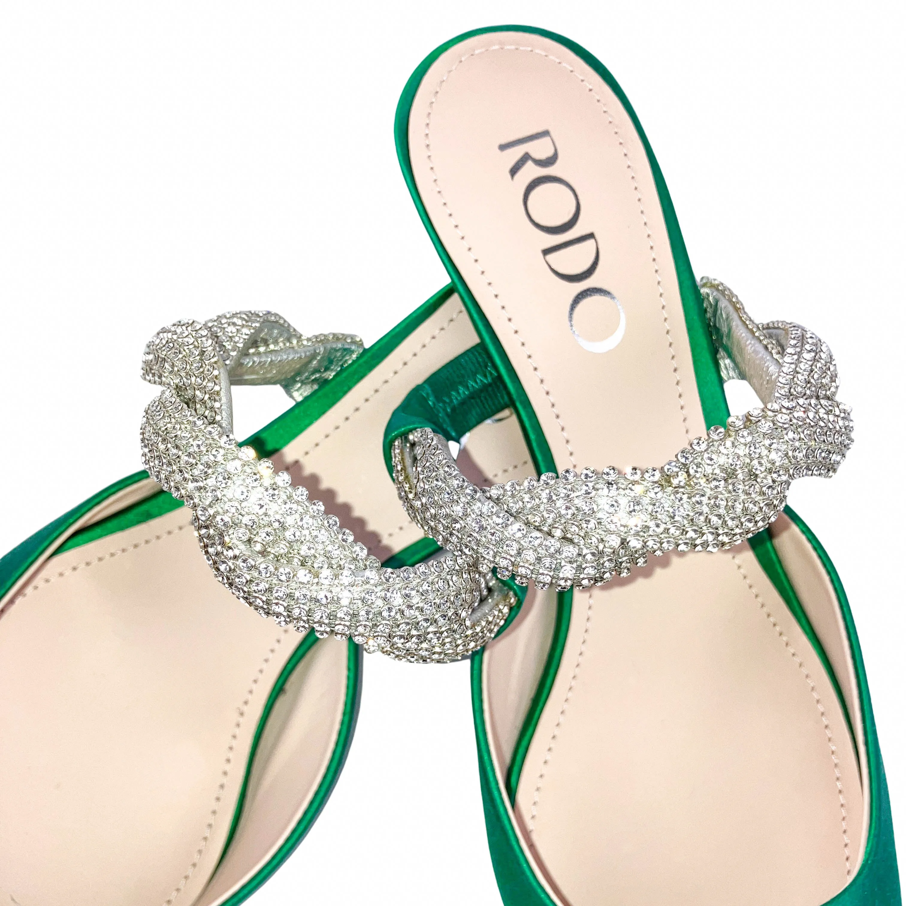 RODO Crystal-Embellished Satin Mule Pumps in Green