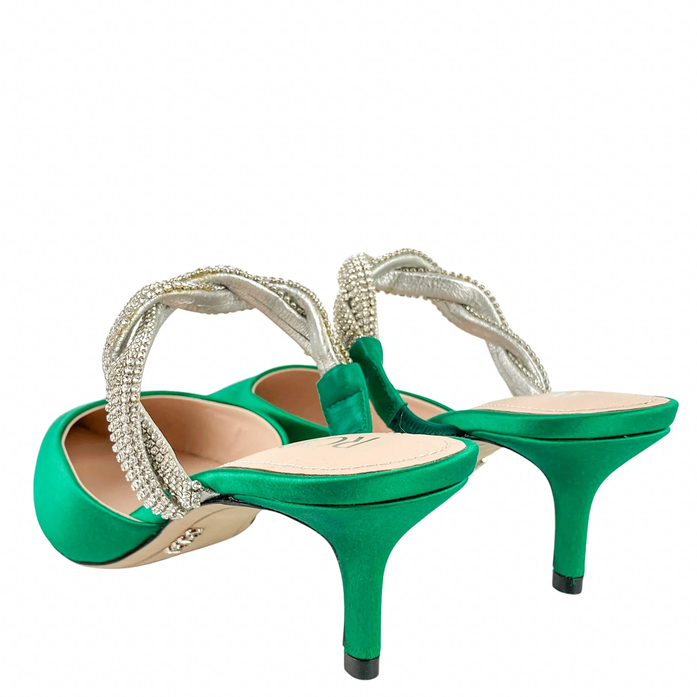 RODO Crystal-Embellished Satin Mule Pumps in Green