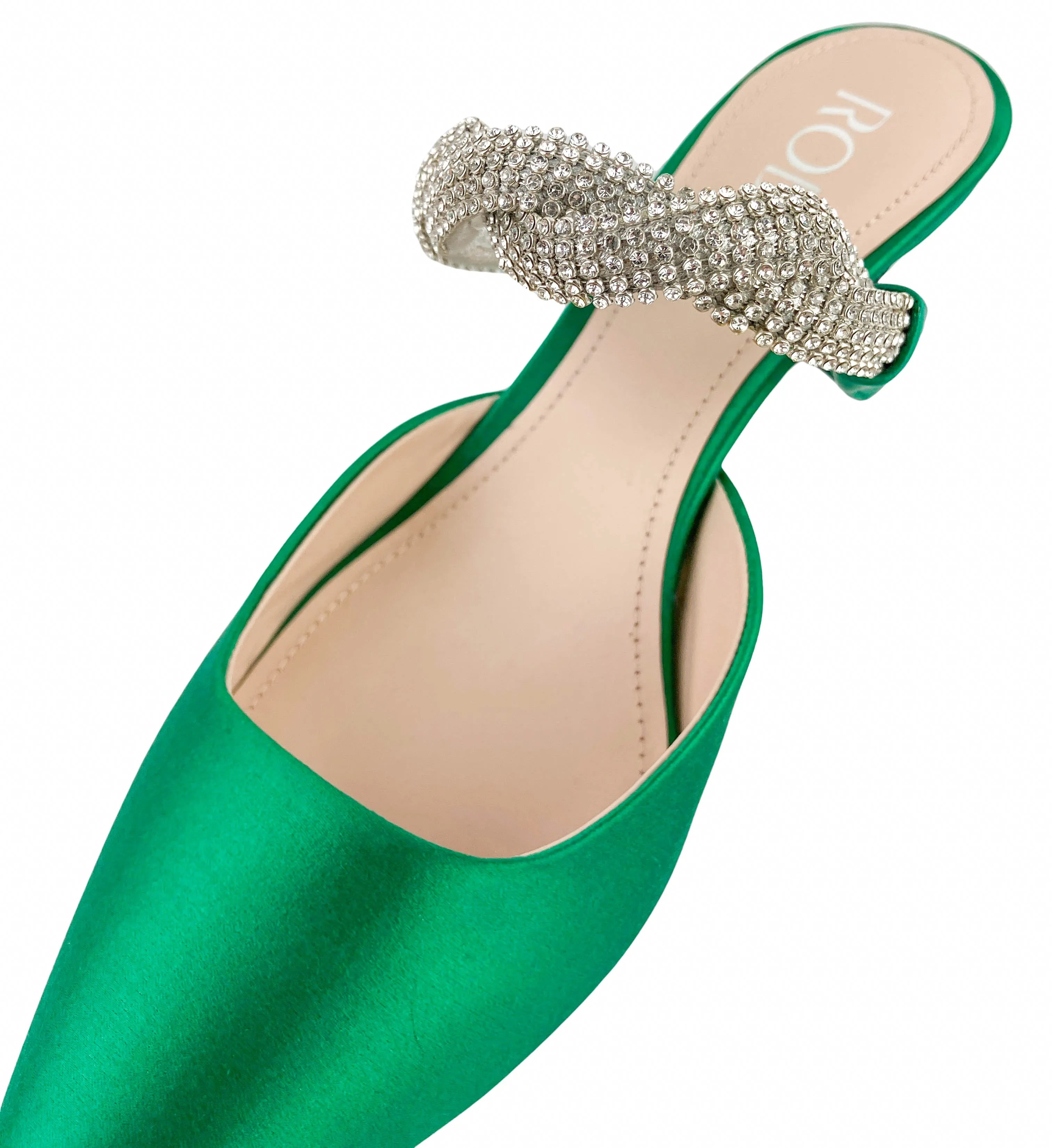 RODO Crystal-Embellished Satin Mule Pumps in Green
