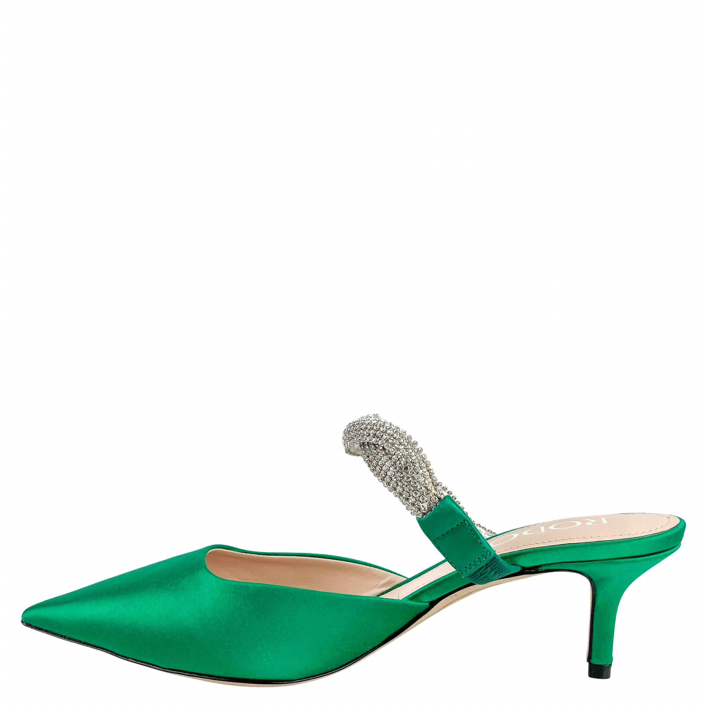RODO Crystal-Embellished Satin Mule Pumps in Green