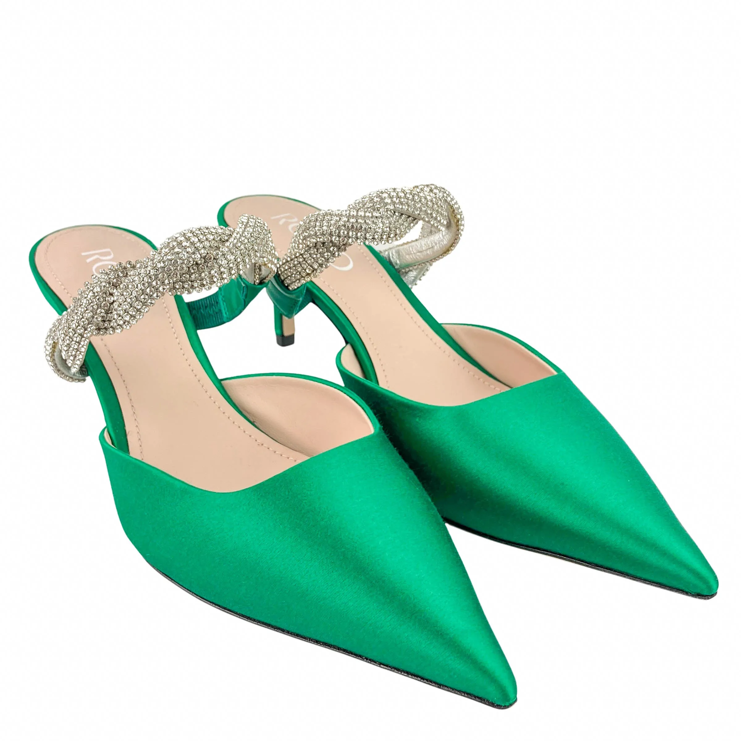 RODO Crystal-Embellished Satin Mule Pumps in Green