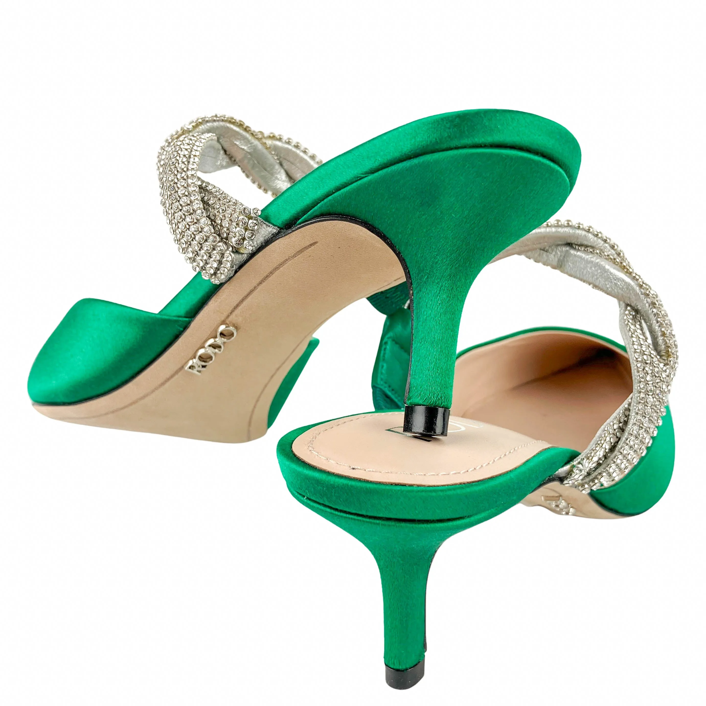 RODO Crystal-Embellished Satin Mule Pumps in Green
