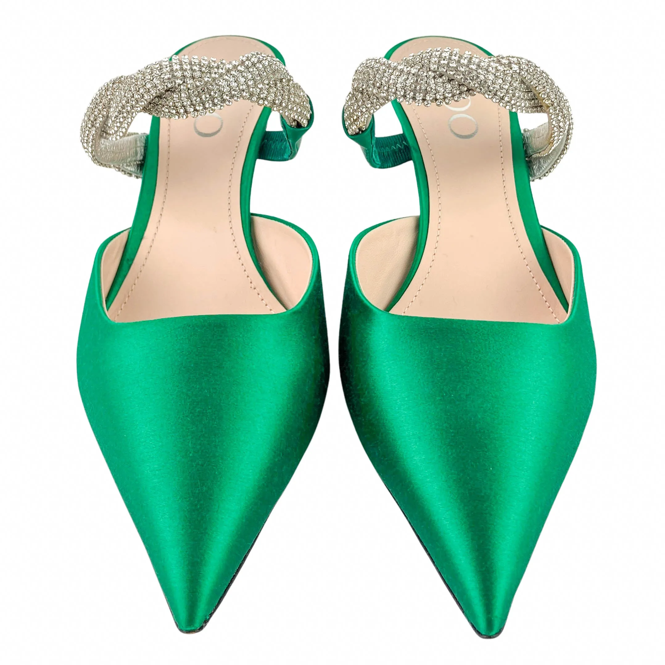 RODO Crystal-Embellished Satin Mule Pumps in Green