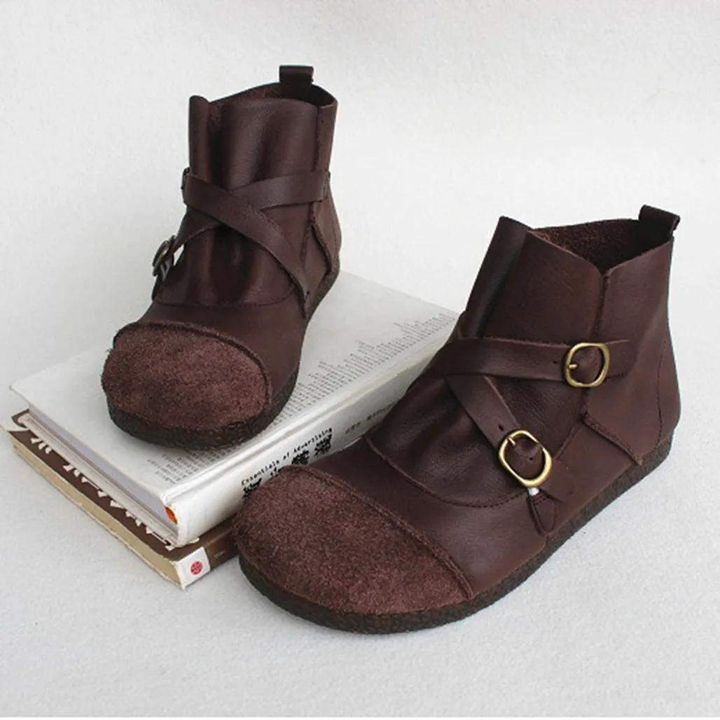 Round Head Cross Strap Soft Leather Retro Boots 41