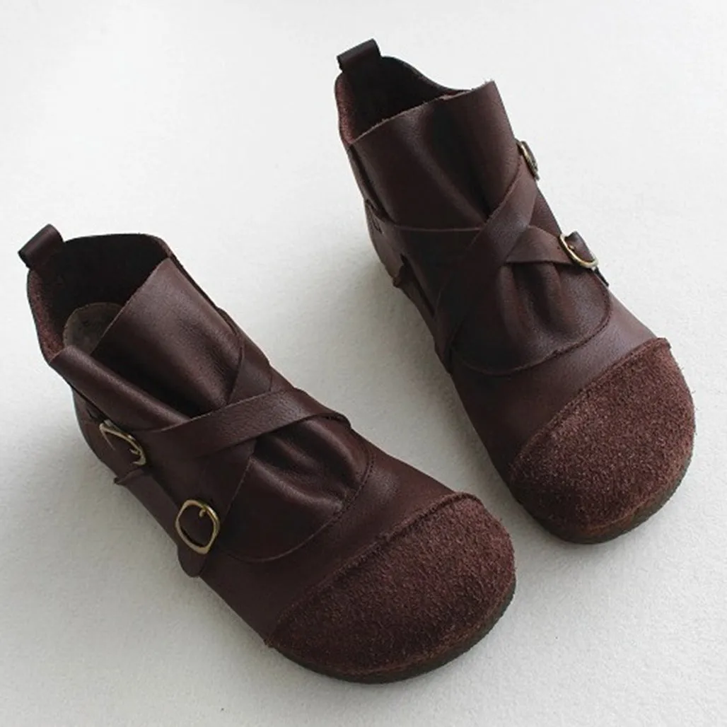 Round Head Cross Strap Soft Leather Retro Boots 41