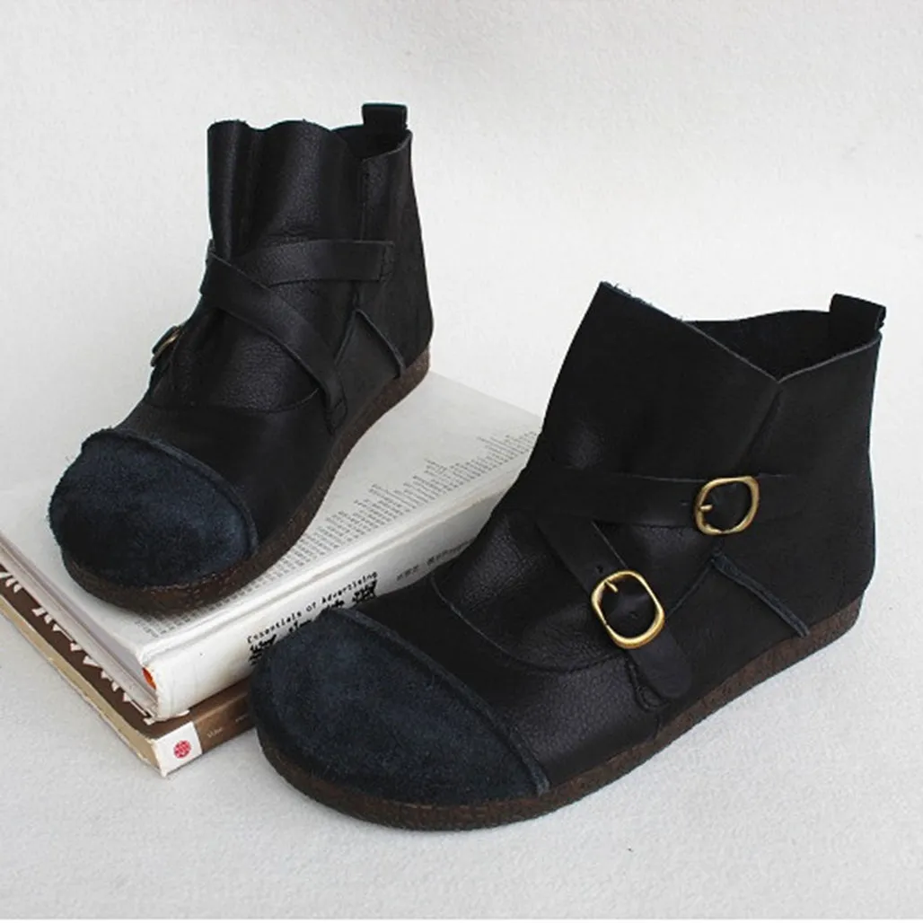 Round Head Cross Strap Soft Leather Retro Boots 41
