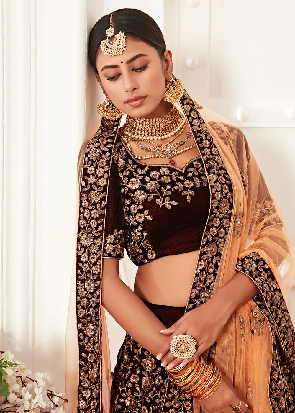 Trendy Maroon Velvet Embroidered Wedding Lehenga Choli