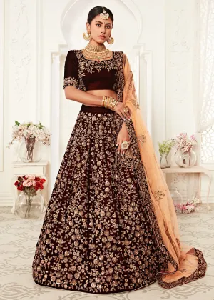 Trendy Maroon Velvet Embroidered Wedding Lehenga Choli