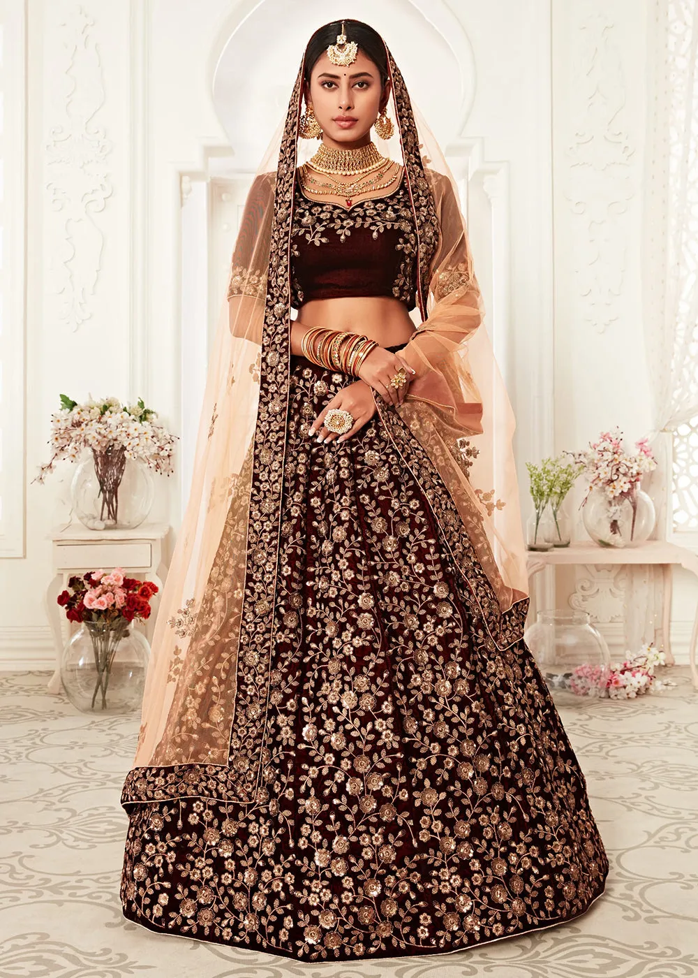 Trendy Maroon Velvet Embroidered Wedding Lehenga Choli