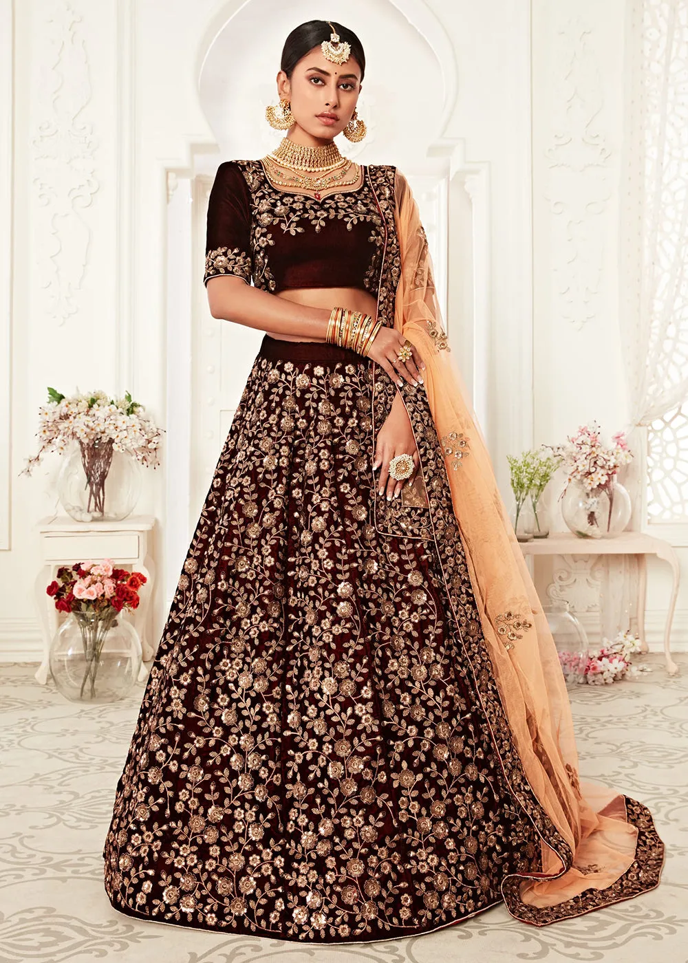 Trendy Maroon Velvet Embroidered Wedding Lehenga Choli