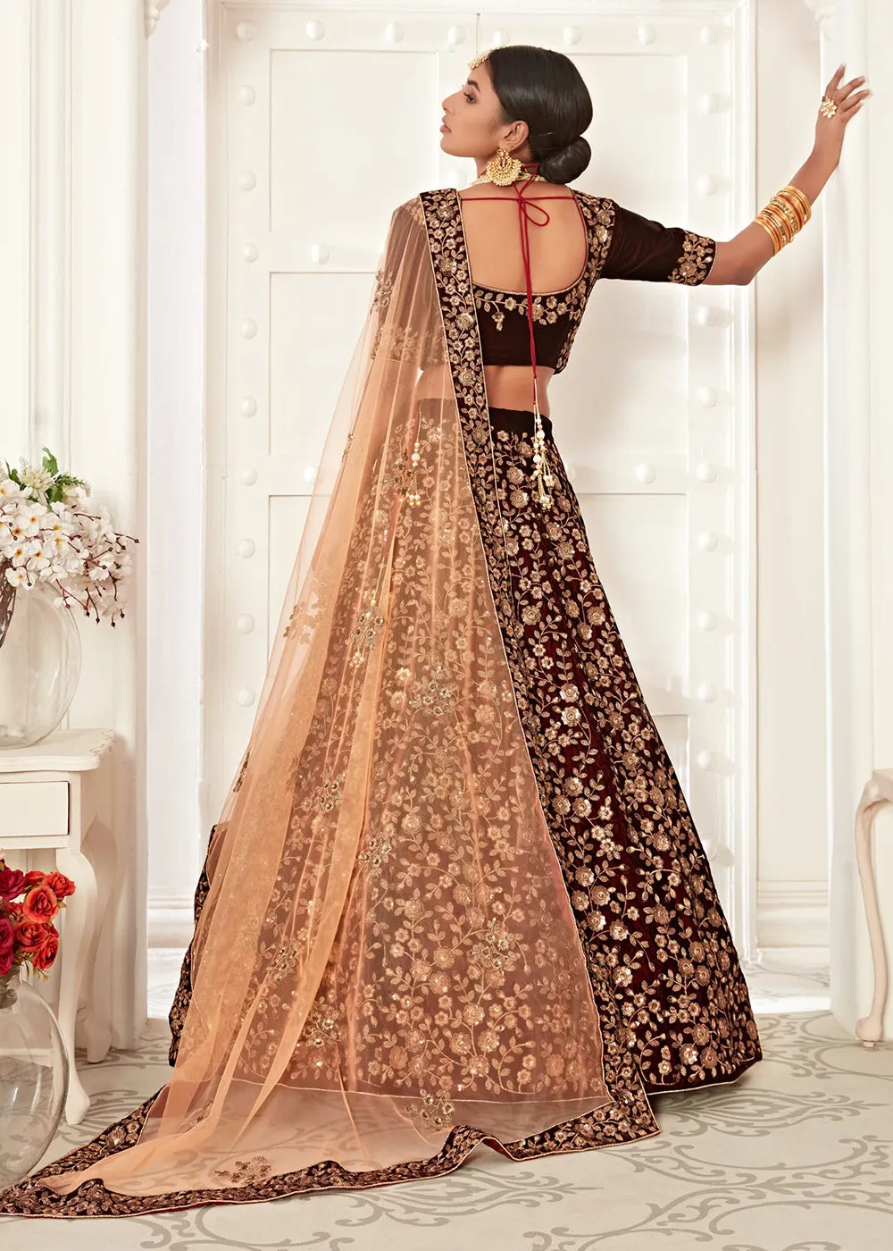 Trendy Maroon Velvet Embroidered Wedding Lehenga Choli