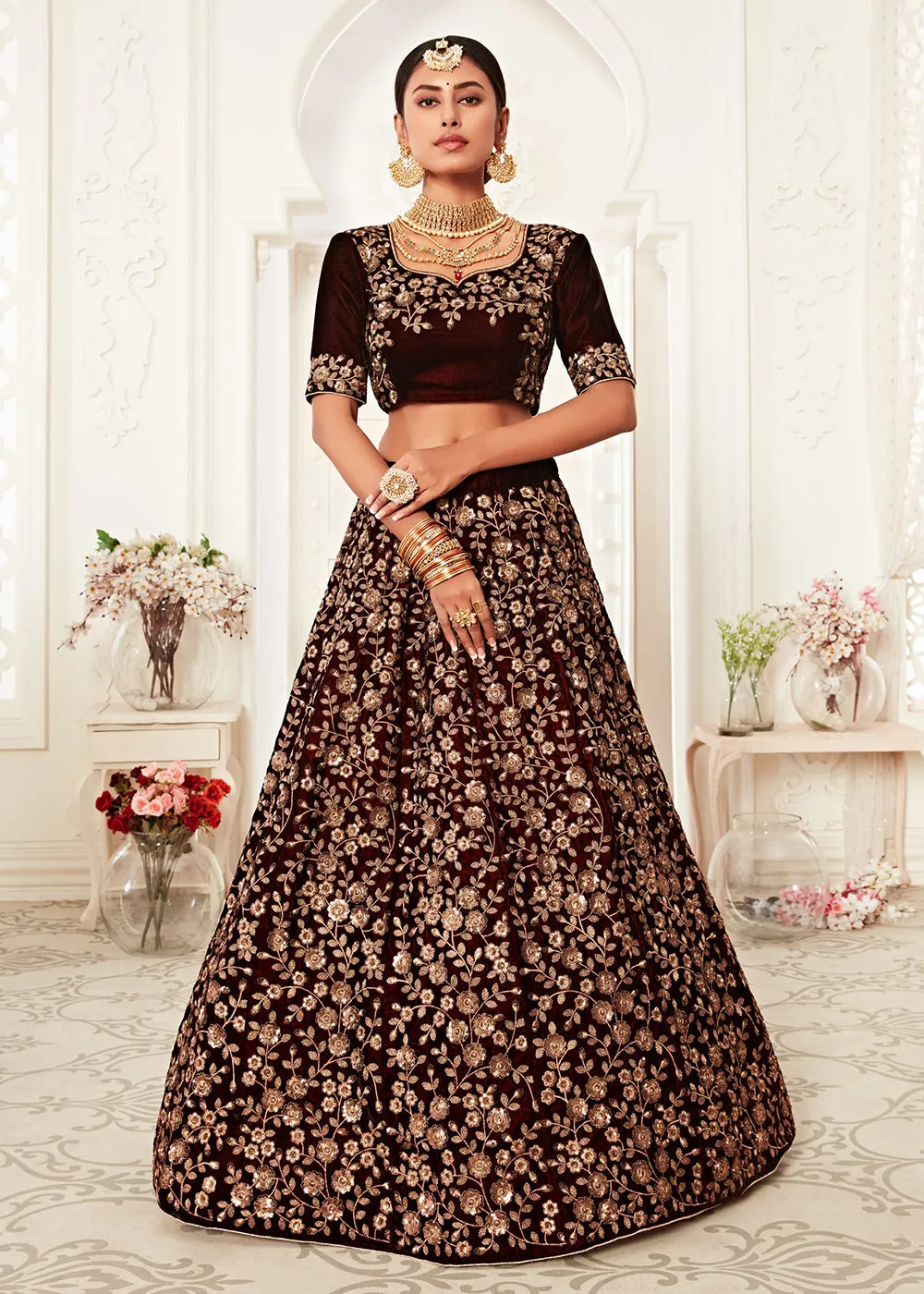 Trendy Maroon Velvet Embroidered Wedding Lehenga Choli