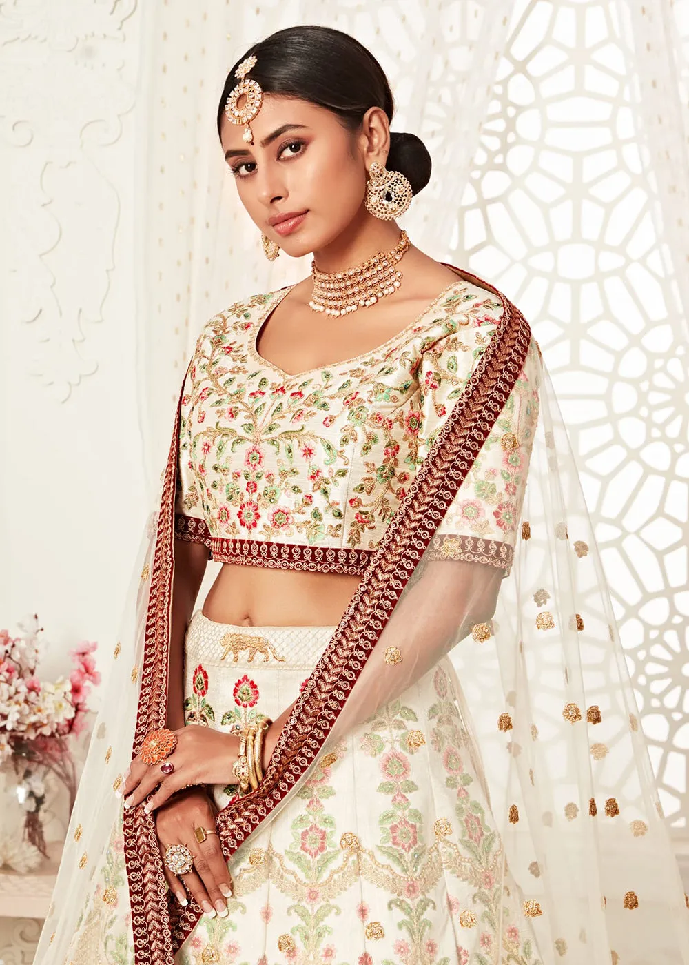 Trendy Off White Silk Embroidered Wedding Lehenga Choli