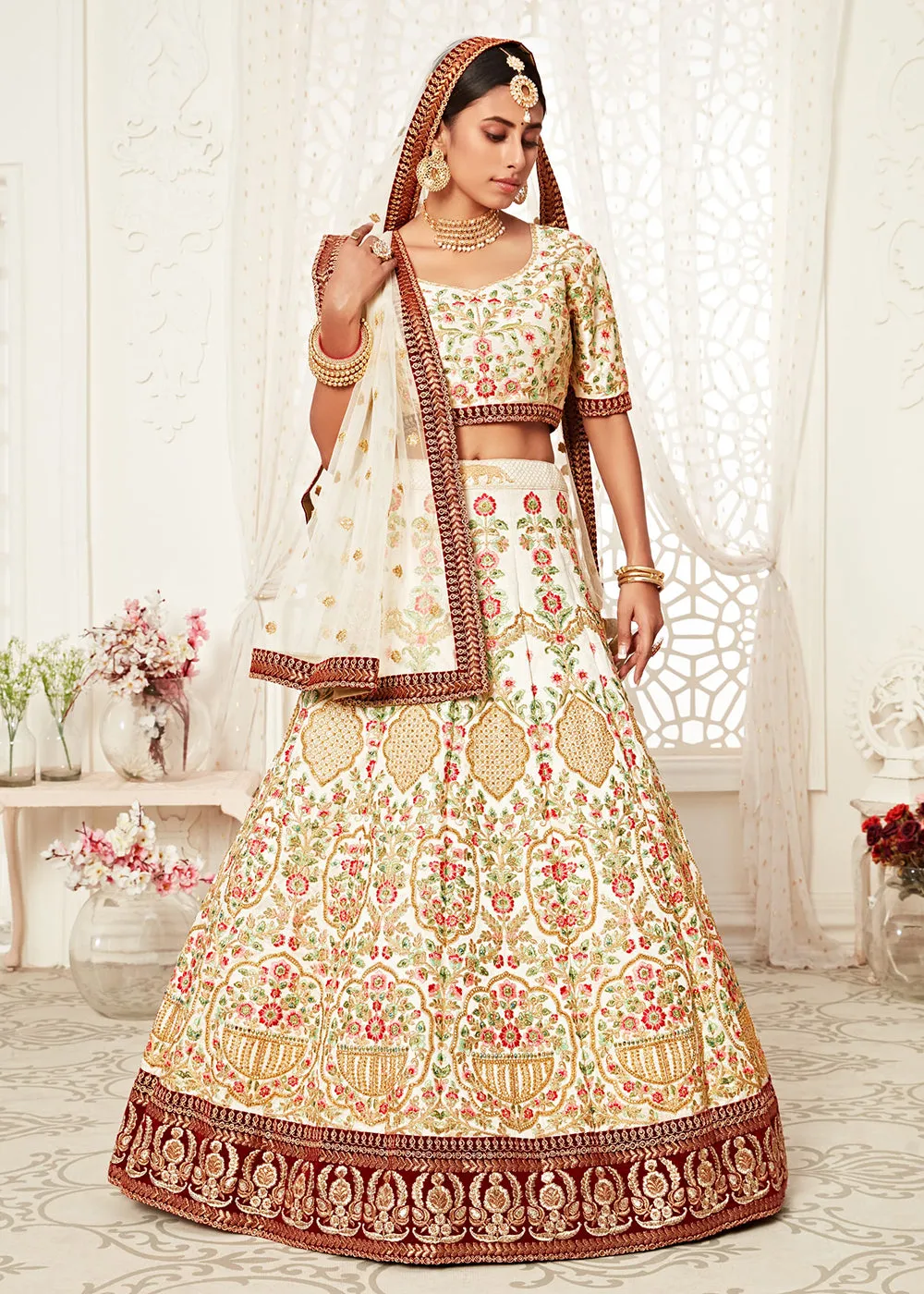 Trendy Off White Silk Embroidered Wedding Lehenga Choli