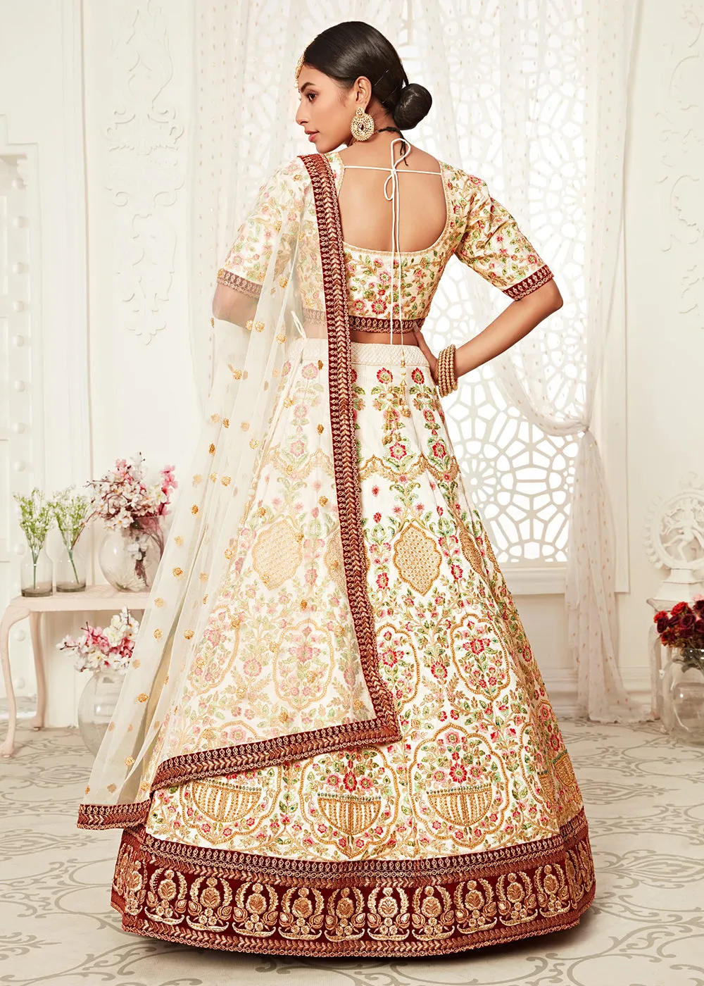 Trendy Off White Silk Embroidered Wedding Lehenga Choli