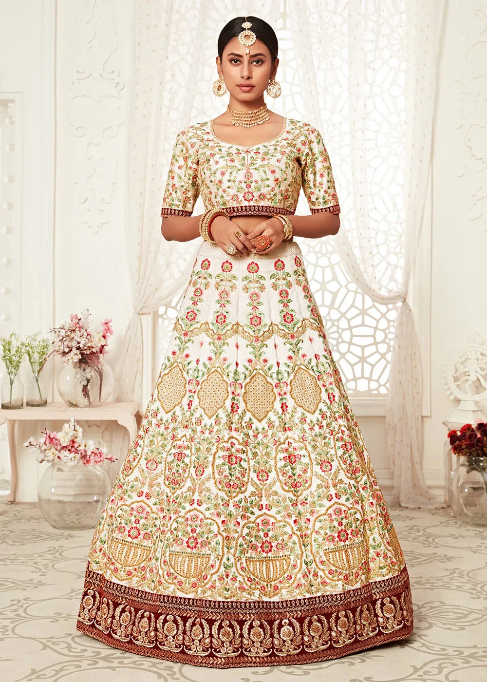 Trendy Off White Silk Embroidered Wedding Lehenga Choli