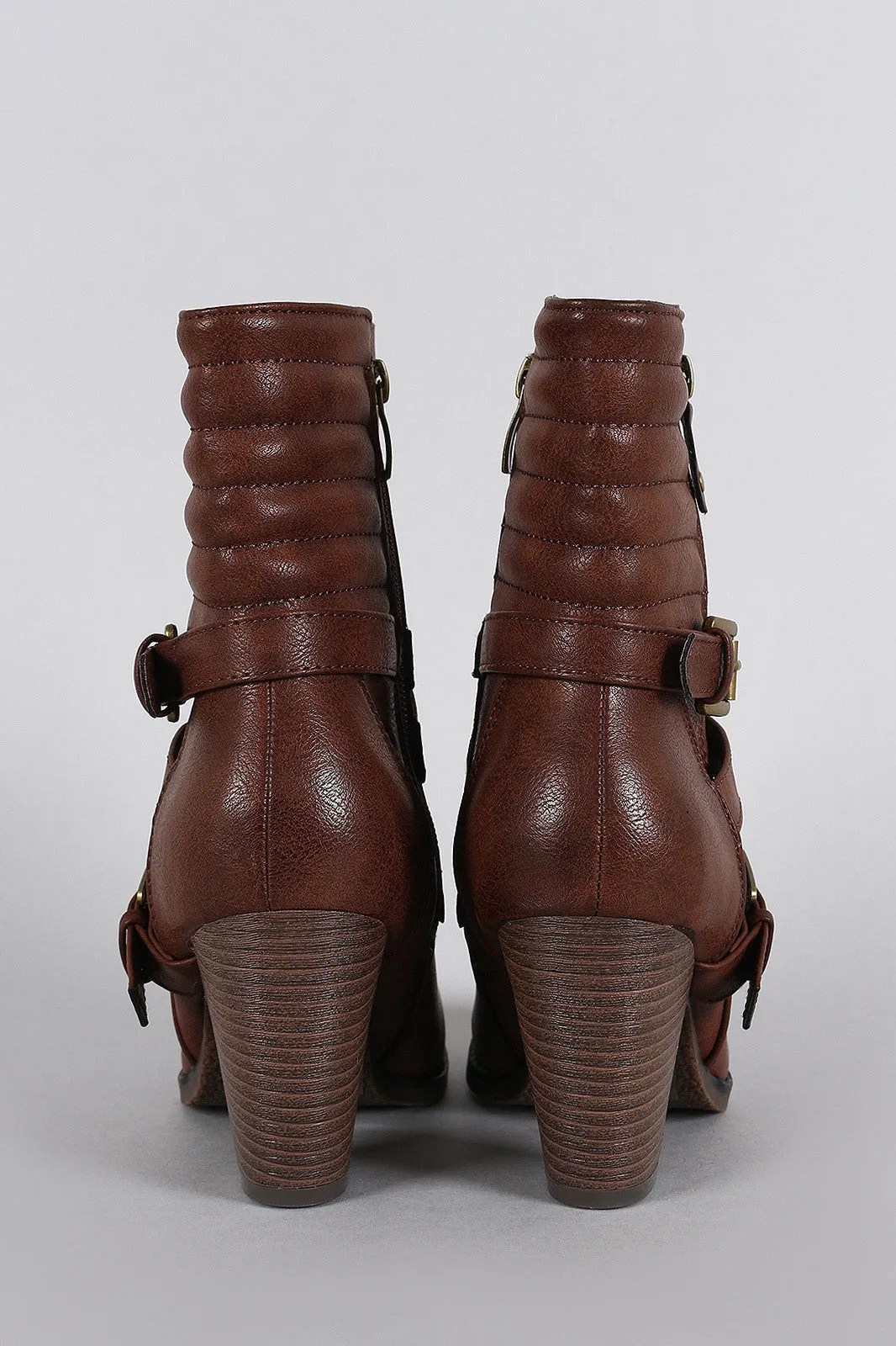 Zipper Strappy Buckle Quilted Chunky Heeled Mid Calf Boots